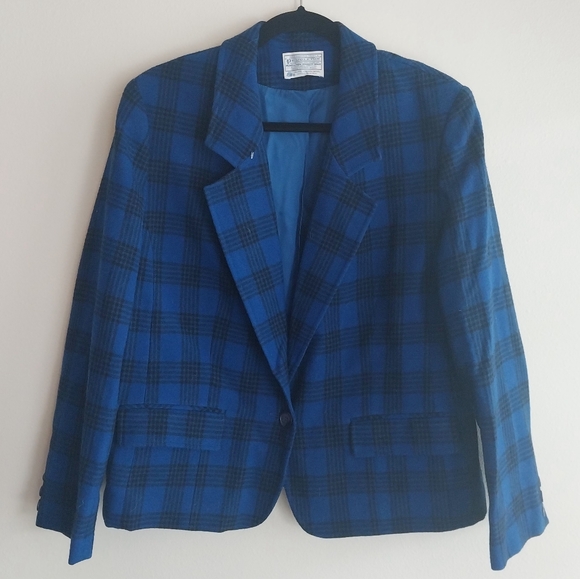 Pendleton Blue and Black Plaid Vintage 1980s Wool Two Button Blazar - Picture 1 of 7